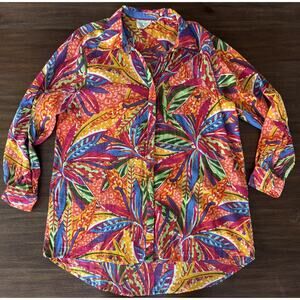 True Destinations Shirt Womens Large Multicolor Tropical Cotton Tunic Button Up